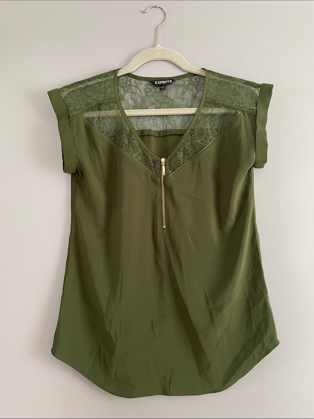 Express Olive Green Lace Yoke Zip Front Blouse